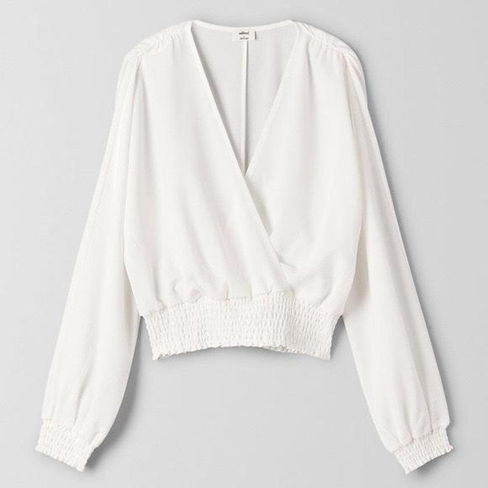 Aritzia Wilfred Reign Blouse Smocked Waist Lomg Sleeves Faux wrap size S white